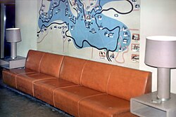 Okubo's Mediterranean map mural in the main foyer of the ex-SS Exochorda, photographed in 1975 when the renamed SS Stevens was serving as a floating dormitory at Stevens Institute of Technology.