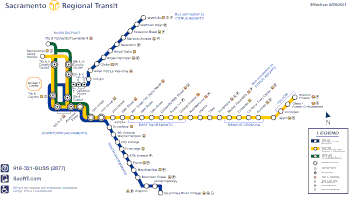 De blauwe lijn vormt de noord-zuidroute en de gouden lijn vormt de oost-westroute.  De tariefzone Central City bevindt zich in het westen