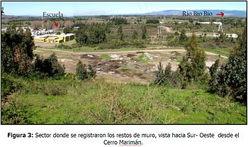 Sector donde se encontraron los restos de muros de adobes enterrados, vista al suroeste desde el cerro Mariman de Negrete.jpg