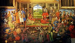I Şah Təhmasib və Moğol hökmdarı Humayun şah (Görüş : 1543, Qəzvin, Səfəvilər dövləti). (Rəsm : Çəhəl Sütun Sarayı, İsfahan, İran)