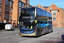 Stagecoach Gold liveried Alexander Dennis Enviro400 MMC in Oxford in February 2018 Stagecoach West Gold Enviro 400MMC YP67 XBX 15348 , Gloucester Green Coach Station Oxford 12.2.18 (25380131657).jpg