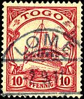 A German key type stamp for Togo, postmarked LOME 1911 Stamp Togo 1900 10pf.jpg