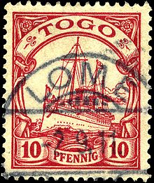 A used German key type stamp for Togo Stamp Togo 1900 10pf.jpg