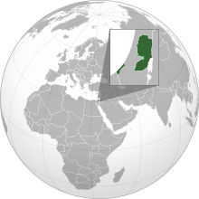 Territory claimed bi the State o Palestine (green)[3] Territory an aa claimed bi Israel (licht green)