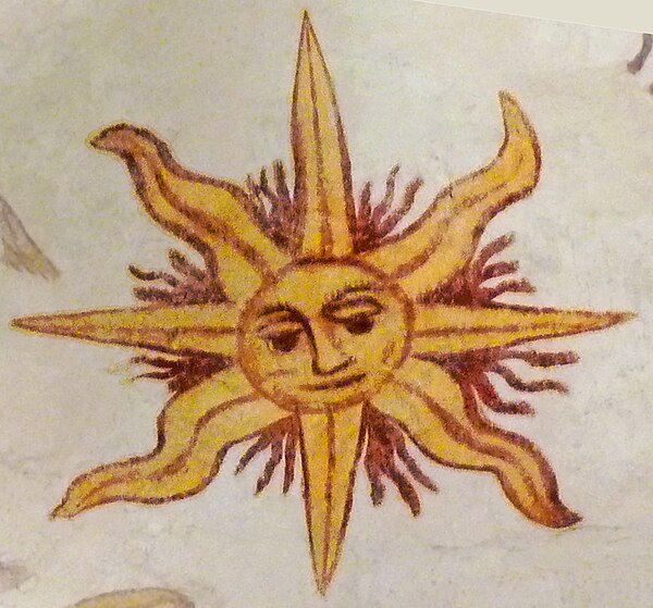 Sun with a face and eight (alternating triangular and wavy) rays (fresco in Larbey, France, dated c. 1610)