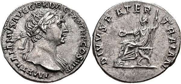 Denarius (AD 112–115) of the emperor Trajan, with his deified father Marcus Ulpius Traianus on a curule seat