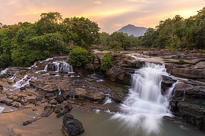 Tad Hang waterfalls at sunset, Tad Lo village, Bolaven Plateau, Laos