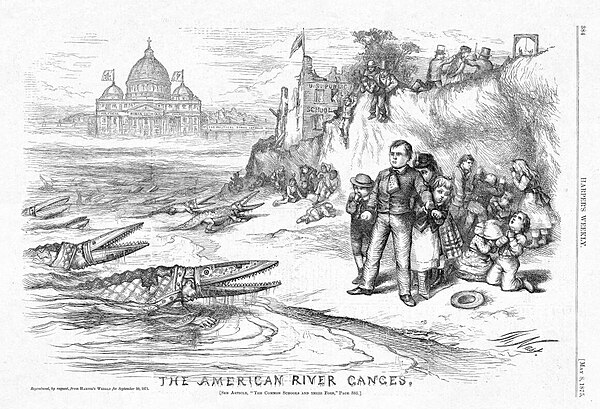 A famous 1876 editorial cartoon by Thomas Nast which portrays bishops as crocodiles who are attacking public schools, with the connivance of Irish Catholic politicians