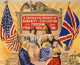 Columbia tillsammans med Britannia, med Onkel Sam och John Bull i förgrunden, symboliserande närmandet mellan USA och Storbritannien 1898.