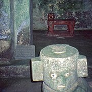 Interior. The Jaguar Throne inlaid with jade behind the Chac Mool ...(no longer on display since 2006)