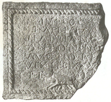 RIB 2197. Distance Slab of the Twentieth Legion Valeria Victrix George MacDonald calls in no. 9 in the 2nd edition of his book The Roman Wall in Scotland. Titulihunteriani00macdrich raw 0149a2.png