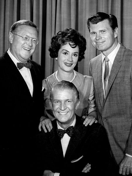 The original daytime panel with Bud Collyer. From left: Sam Levenson, Mimi Benzell, and Barry Nelson. The fourth panel member was Sally Ann Howes.