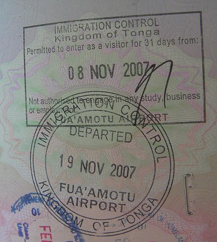 Tongan entry and exit stamps