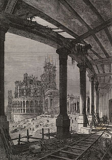 Gravure représentant les travaux du palais du Trocadéro, sur l'aile Passy, en 1878.