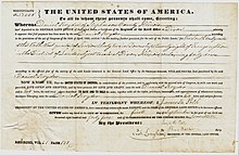 Letters patent issued by the United States General Land Office US General Land Office Deed 1845.jpg