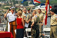 A Scout taking the Eagle Scout Charge during his Court of Honor aboard the USS Oscar Austin US Navy 070526-N-5758H-100 Capt. Rick Williams, Commodore, Destroyer Squadron 26, administers the Eagle Scout oath to his nephew during an Eagle Scout ceremony aboard guided-missile destroyer USS Oscar Austin (DDG 79), as part.jpg