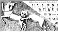 Combat du lion et de la licorne d’après un bas relief des ruines de Persépolis. Gravure du livre de l’explorateur Carsten Niebuhr : Voyage en Arabie et en d’autres pays circonvoisins, Amsterdam, 1779.