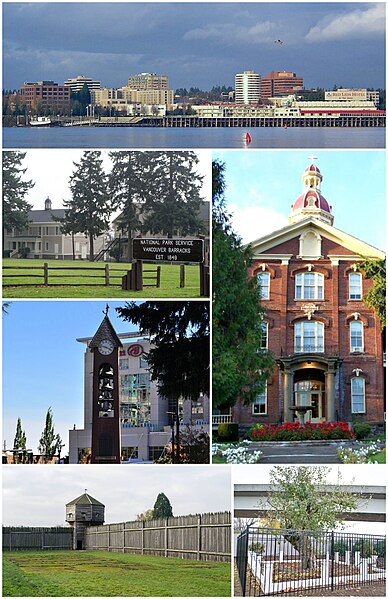 Clockwise from top: skyline of Vancouver viewed from the Oregon side of the Columbia River; House of Providence; Old Apple Tree Park; Fort Vancouver; 