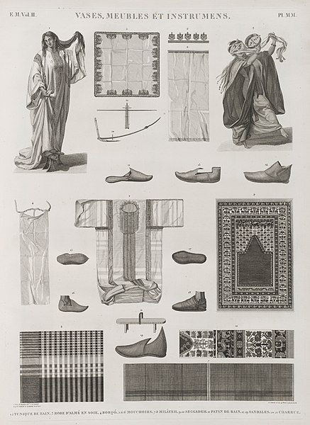 Pl.MM - 1.2. Tunique de bain; 3. Robe d'almé en soie; 4. Borqó; 5.6. Mouchoirs; 7.8. Milâyeh; 9.10. Seggadeh; 11. Patin de bain; 12-19. Sandales; 20.21. Charrue