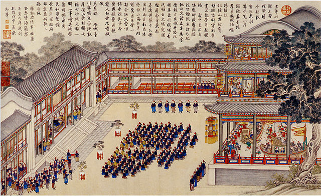 Painting depicting the Qing Chinese celebrating a victory over the Kingdom of Tungning in Taiwan. This work was a collaboration between Chinese and Eu