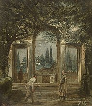 Vista del jardín de la Villa Medici de Roma con la estatua de Ariadna, av Diego Velázquez.jpg