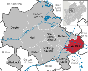 Poziția orașului Waltrop pe harta districtului Recklinghausen
