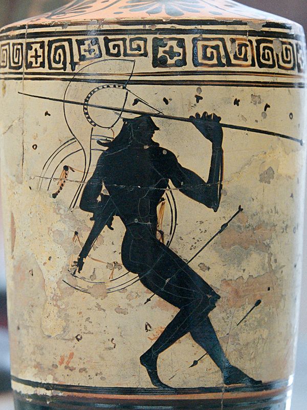 Athenian warrior wielding a spear in battle