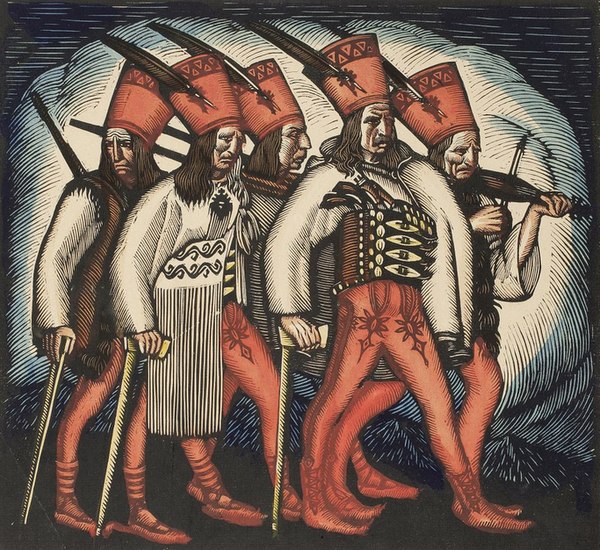 Zbójnicy, colored wood engraving by Władysław Skoczylas