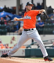 Zac Gallen, pictured with the Miami Marlins, got the win in Game 2. Zac Gallen pitching for the Miami Marlins in 2018 Spring Training (Cropped).jpg