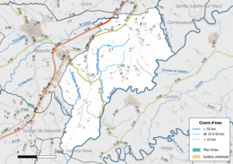 Carte en couleur présentant les réseau hydrographique de la commune