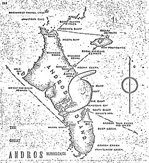 Sketch of Andros and New Providence islands with the hurricane's center, local communities, and relative distances marked