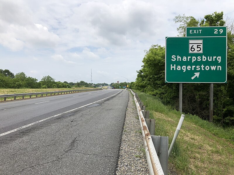 File:2019-05-18 12 36 56 View west along Interstate 70 at Exit 29 (Maryland State Route 65, Sharpsburg, Hagerstown) in Fiery Siding, Washington County, Maryland.jpg