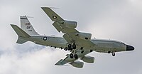 A US Air Force RC-135W Rivet Joint on final apparoach to Kadena Air Base in Okinawa, Japan.