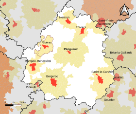 Localisation de l'aire d'attraction de Ribérac dans le département de la Dordogne