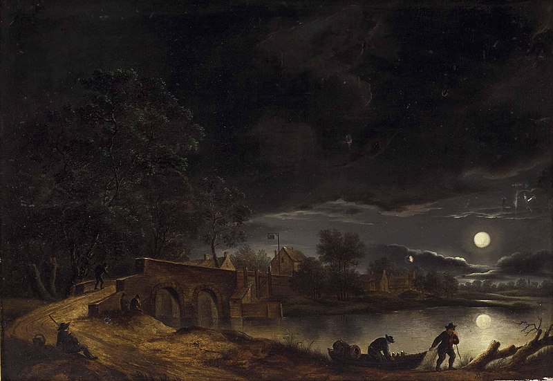 File:AF Vollmer - Vollmond über Dorf am Fluss mit Brücke und Personenstaffage.jpg