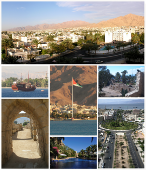 По часовой стрелке слева сверху: Панорама Акабы, форт Акабы, улица Аль-Хаммамат Аль-Тунисия в центре города, курорт в Акабе, старый город Айла, порт Акабы, флагшток в Акабе.