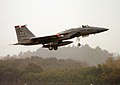 A U.S. Air Force F-15 Eagle fighter aircraft, 67th Fighter Squadron, takes off during exercise Keen Sword 2005 at Hyakuri Japanese Air Base, Japan, on Nov. 16, 2004.(U.S. Air Force - DPLA - 04cfa767513b72e39099bd99211fb208.jpeg