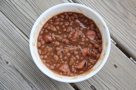 A bowl of "Beanie Weenies", also known as "Franks and Beans" or "Beans and Wieners"