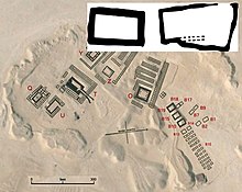 Iry-Hor's tomb at the Umm el-Qa'ab comprises two separate chambers B1 and B2, shown in inset. Iry-Hor's tomb is located close to Ka's (B7, B8, B9) and Narmer's tombs (B17, B18). AbydosMat Iry-Hor.jpg