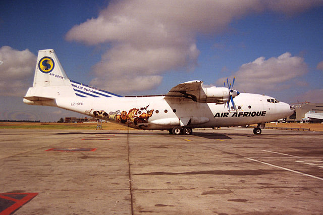 An Air Afrique An-12 wearing a hybrid Air Afrique/Air Sofia livery.
