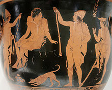 Aktaion with other mythological heroes as hunters (Tydeus, Theseus, Kastor). Side A of an Attic red-figure bell-krater. New York City, Metropolitan Museum of Art. Aktaion heroes Met 66.79.jpg