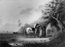 Alfred Jacob Miller - Sioux Indians in the Mountains - Miller en route to a Rocky Mountain Rendezvous In the spring of 1837, Captain William Drummond Stewart hired the Baltimorean Alfred Jacob Miller to accompany and record an expedition to the annual fur traders' rendezvous held in the foothills of the Rocky Mountains in what is now Wyoming. Alfred Jacob Miller - Sioux Indians in the Mountains - Walters 371996.jpg