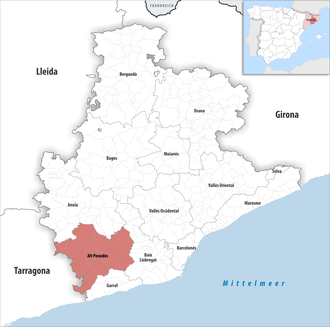 Die Lage der Comarca Alt Penedès in der Provinz Barcelona