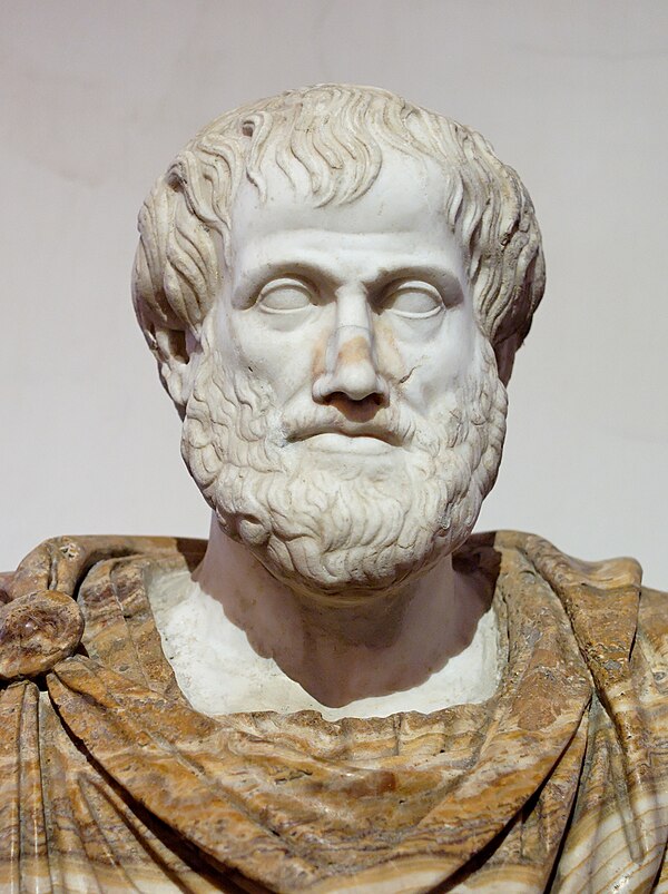 Roman copy (in marble) of a Greek bronze bust of Aristotle by Lysippos (c. 330 BC), with modern alabaster mantle