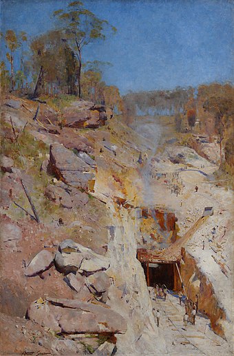 The construction of the first tunnel was depicted by Australian impressionist painter Arthur Streeton in Fire's On (1891, Art Gallery of New South Wales).