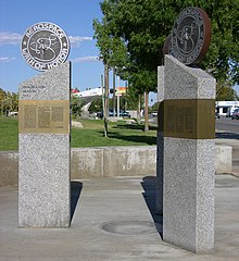 Three of the monuments in front of the Sheriff's station Awoh-02-8.jpg