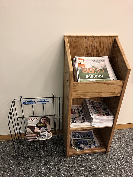 Most copies of student media are available free of charge in kiosks such as this on campus or in local restaurants.