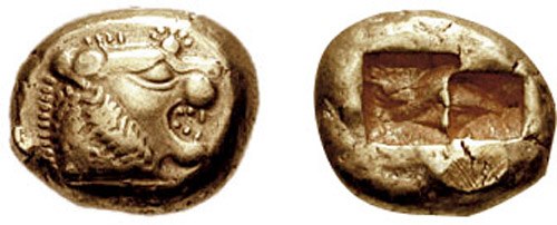 A 640 BC one-third stater electrum coin from Lydia. According to Herodotus, the Lydians were the first people to introduce the use of gold and silver 