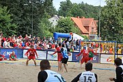 Deutsch: Beachhandball Europameisterschaften 2019 (Beach handball Euro); Tag 3: 4. Juli 2019 – Männer, Hauptrunde Gruppe II, Ungarn-Schweiz 2:0 (26:24, 27:24) English: Beach handball Euro; Day 3: 4 July 2019 – Men Main Round Group II – Hungary-Switzerland 2:0 (26:24, 27:24)