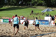 Deutsch: Beachhandball Europameisterschaften 2019 (Beach handball Euro); Tag 1: 2. Juli 2019 – Männer, Vorrunde Gruppe A, Deutschland-Norwegen 2:0 (22:14, 22:20) English: Beach handball Euro; Day 1: 2 July 2019 – Men Preliminary Round Group A – Germany-Norway 2:0 (22:14, 22:20)